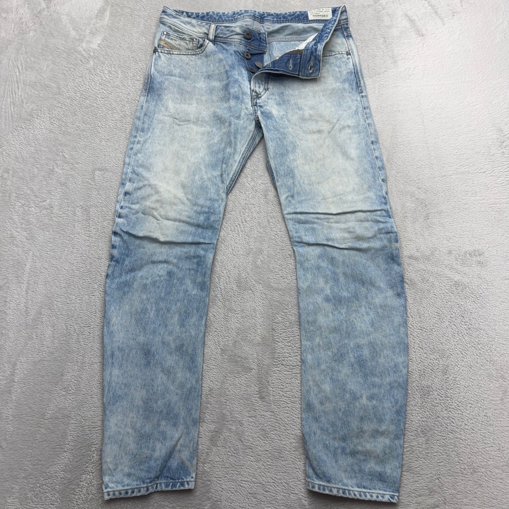 Diesel Jeans Mens 30x32 Blue Rombee Regular Slim-Carrot Light Acid Wash Denim